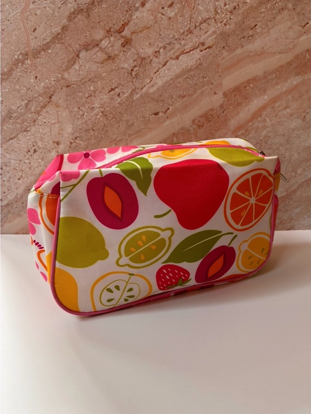 Clinique Fruit Print Cosmetic Bag in White, Pink, Red, Yellow & Green
